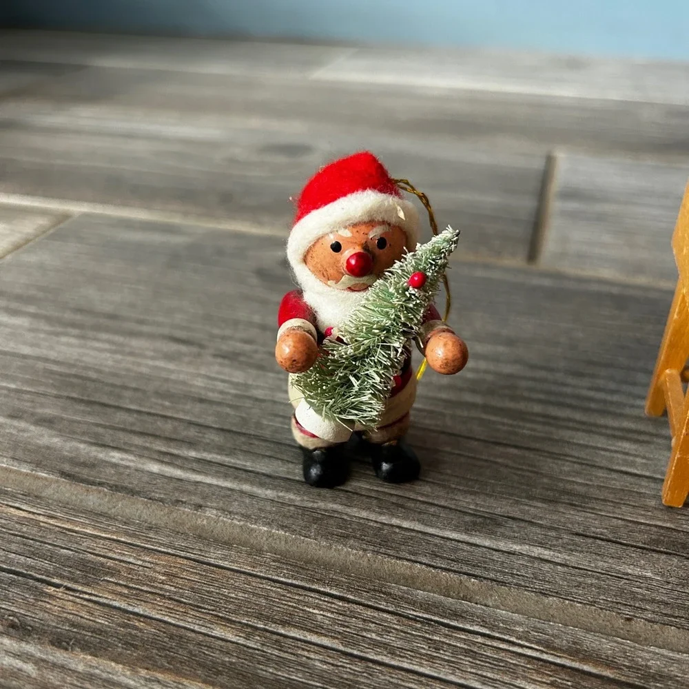Vintage Wooden Christmas Ornaments Lot Santa Snowman Horse Gingerbread Man Bells